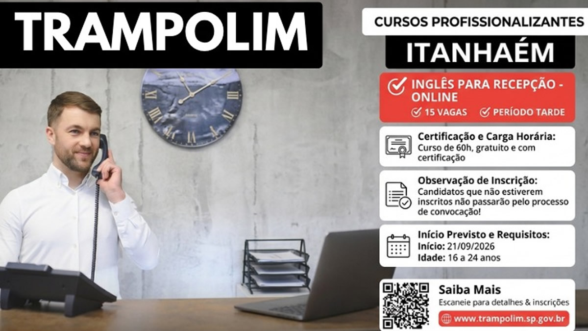 Trampolim oferece vagas em curso de inglês para Recepção em Itanhaém