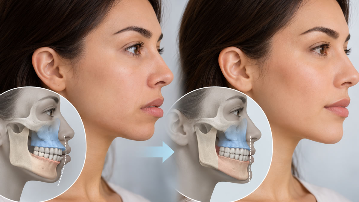 Paciente em consulta de avaliação do perfil e da cirurgia ortognática na estética facial